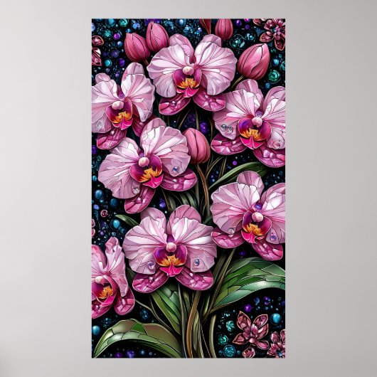 Glas-in-lood met roze orchideeën poster (Voorkant)