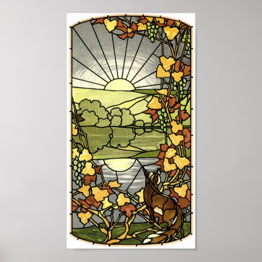 Glas in lood met vos en zon poster (Voorkant)