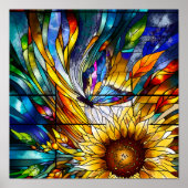 Glas in lood met Zonnebloem en Vlinder Poster (Voorkant)