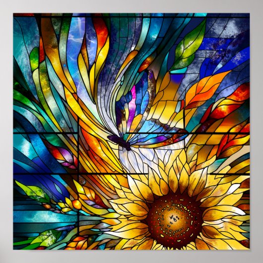 Glas in lood met Zonnebloem en Vlinder Poster (Voorkant)