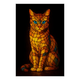 Glas-in-lood Mozaïek Kat met Blauwe Ogen Perfect Poster
