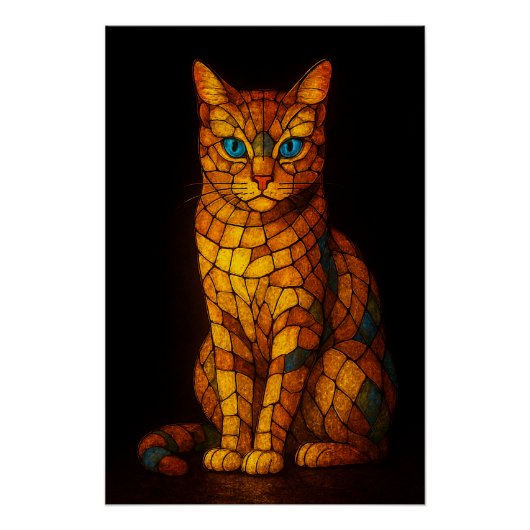 Glas-in-lood Mozaïek Kat met Blauwe Ogen Poster (Voorkant)