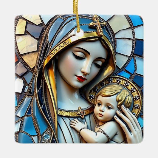 Glas in lood mozaïek | Maria en Jezus Kerstmis Keramisch Ornament (Voorkant)