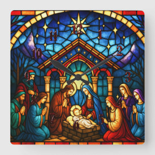 Glas in lood Nativiteitsscène Vierkante Klok