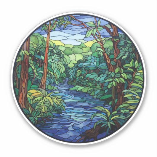 Glas in lood Oerwoud River Ronde Vinyl Decal Sticker (Voorkant)