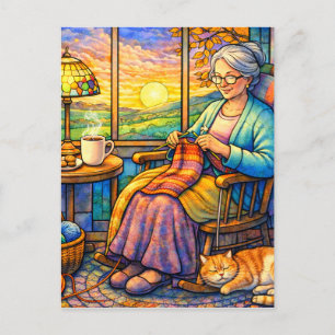 Glas-in-lood-Oma-Breien, Kat & Gezellig Thuis Briefkaart