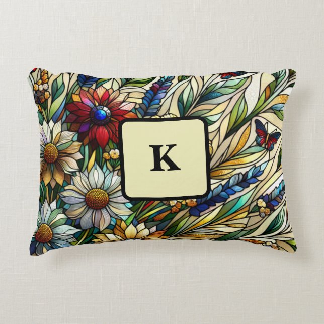 Glas in lood Ontwerp Wildflowers en Butterflies Accent Kussen (Voorkant)
