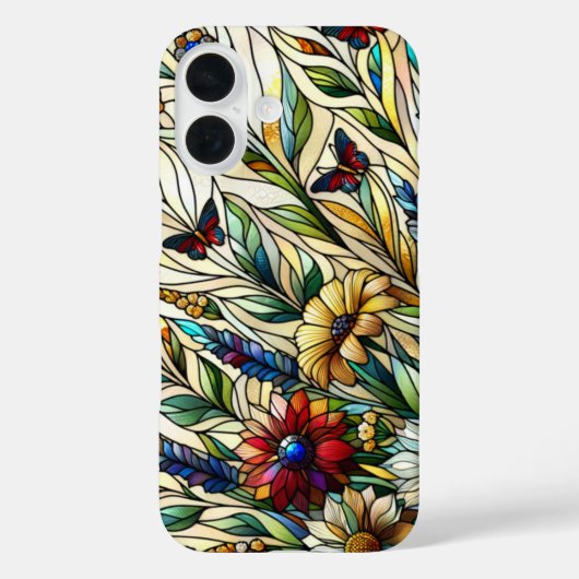Glas in lood Ontwerp Wildflowers en Butterflies Case-Mate iPhone Case (Achterkant)