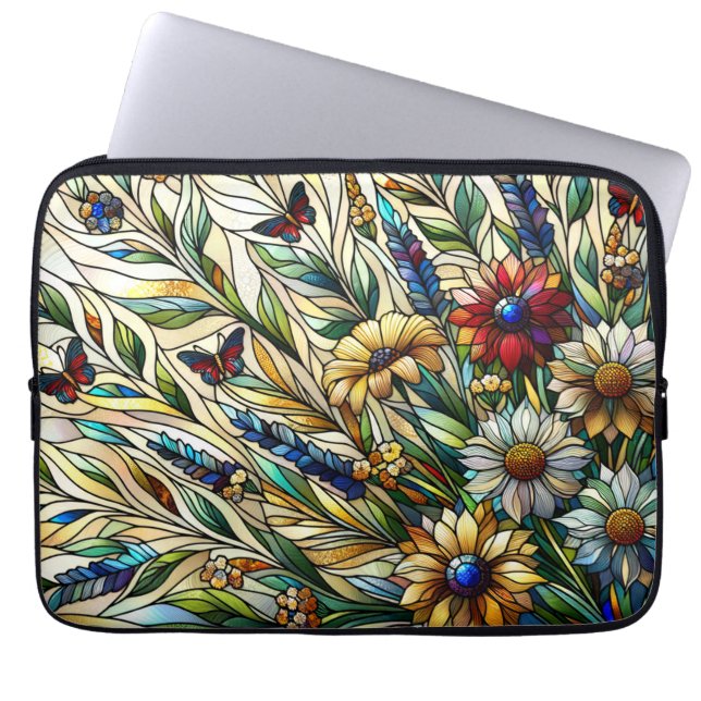 Glas in lood Ontwerp Wildflowers en Butterflies Laptop Sleeve (Voorkant)