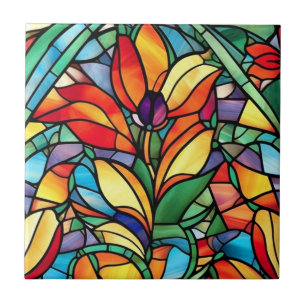  Glas in lood Oranje Paarse bloem Tegeltje