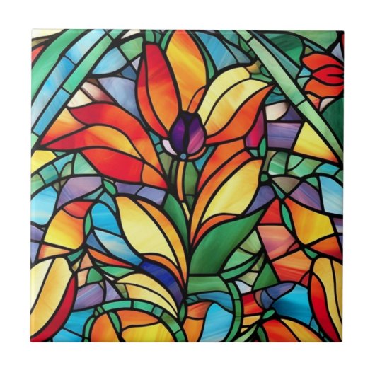  Glas in lood Oranje Paarse bloem Tegeltje (Voorkant)