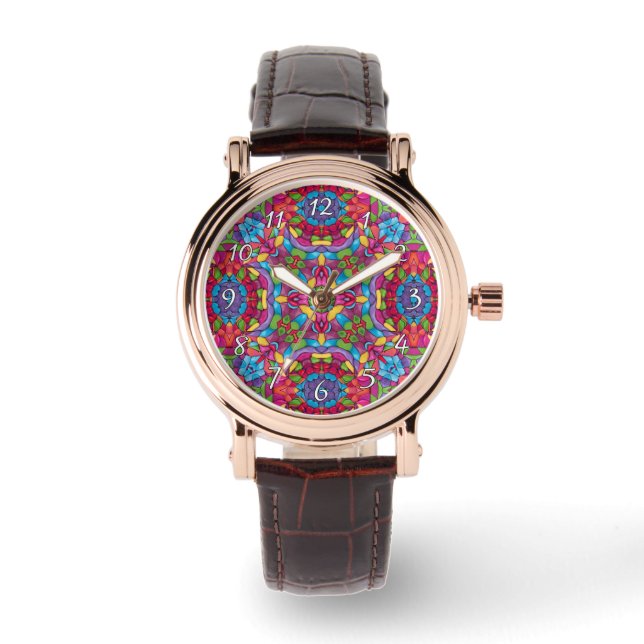 Glas in lood  Paars Kaleidoscoop Horloge (Voorkant)