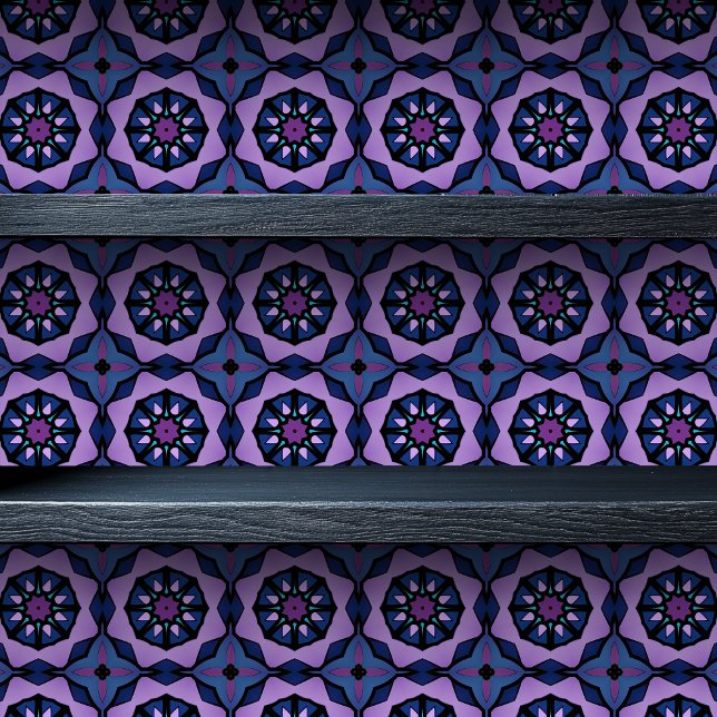 Glas in lood Paarse achthoek kleine lettertjes Behang (Stained Glass Purple Octagon Small Print Wallpaper on a shelf)