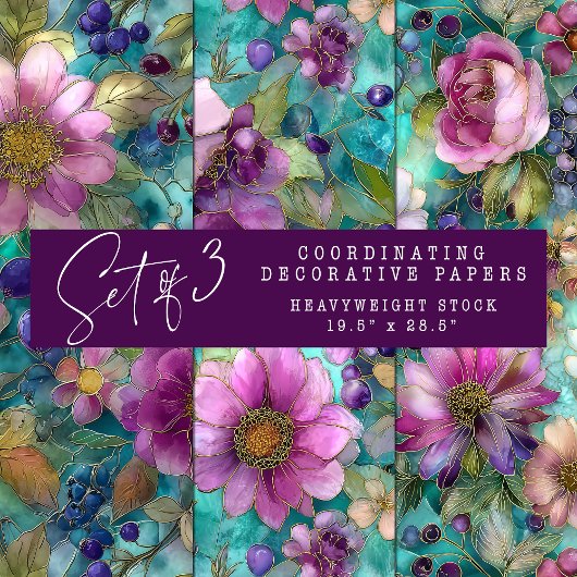 GLAS IN LOOD PAARSE BLOEM DECORATIEVE PAPIEREN SET INPAKPAPIER VEL