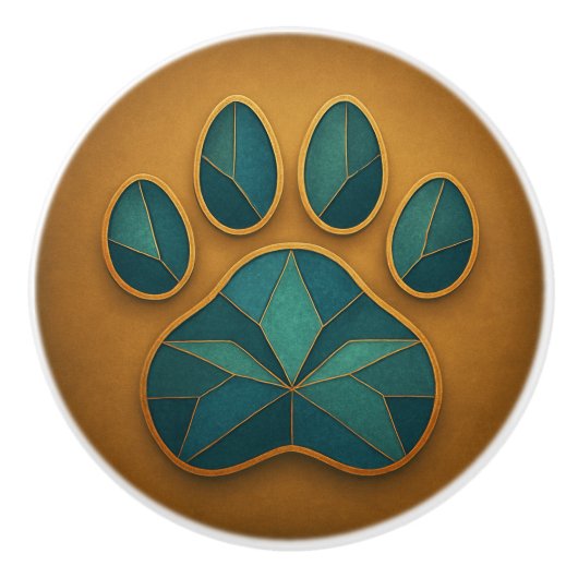 Glas in lood Paw Blauwgroen & Goud Mozaïek Keramis Keramische Knop (Voorkant)