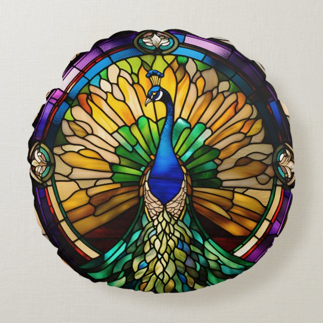 Glas in lood Peacock Rond Kussen (Voorkant)