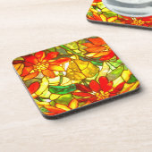 Glas in lood poinsettia bloem  bloem bier onderzetter (Linkerzijde)