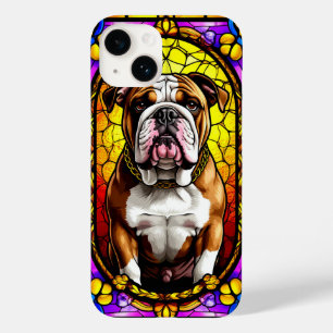 Glas-in-lood-portret van een hond met gouden ketti Case-Mate iPhone 14 hoesje
