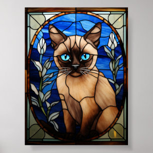 Glas-in-lood-portret van een Siamese kat met blauw Poster