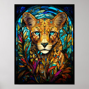 Glas-in-lood-portret van jachtluipaard, wild raamk poster