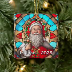 Glas-in-lood-portret van kerstman keramisch ornament