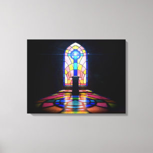 Glas in lood raam licht door een kerk canvas afdruk