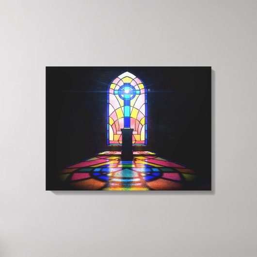 Glas in lood raam licht door een kerk canvas afdruk (Voorkant)