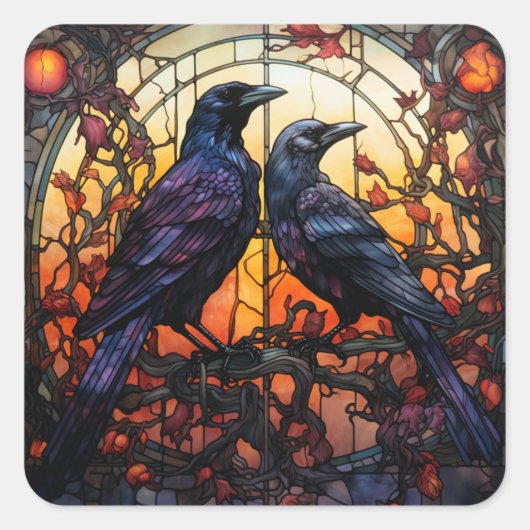 Glas in lood Ravens Vierkante Sticker (Voorkant)