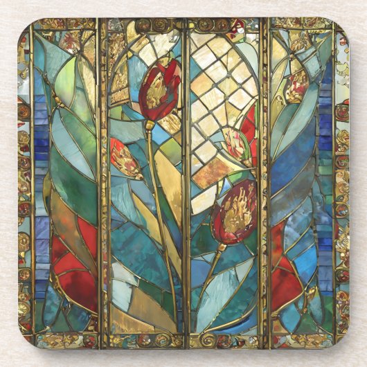 Glas in lood Red Chief Poppies bij zonsopgang Bier Onderzetter (Voorkant)