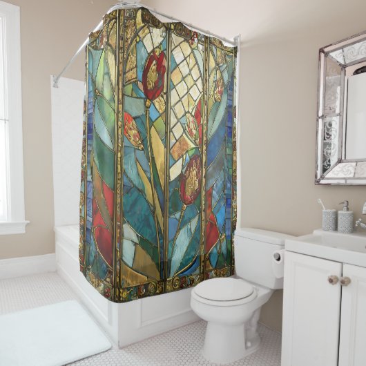 Glas in lood Red Chief Poppies bij zonsopgang Douchegordijn (In situ)