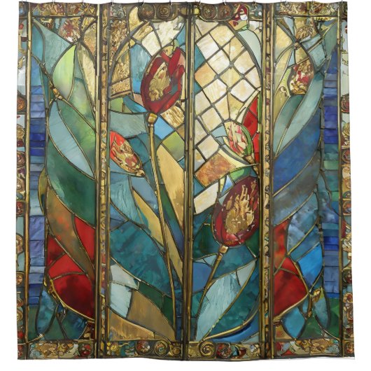 Glas in lood Red Chief Poppies bij zonsopgang Douchegordijn (Voorkant)