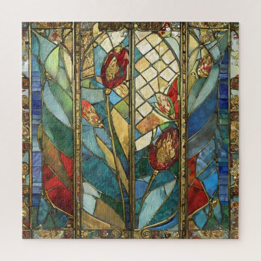 Glas in lood Red Chief Poppies bij zonsopgang Legpuzzel (Verticaal)