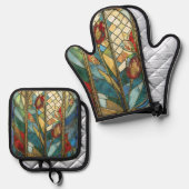 Glas in lood Red Chief Poppies bij zonsopgang Ovenwant & Pannenlap Set (Voorkant / Achterkant)