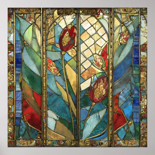 Glas in lood Red Chief Poppies bij zonsopgang Poster (Voorkant)