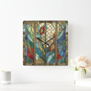 Glas in lood Red Chief Poppies bij zonsopgang Vierkante Klok