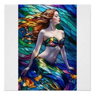 Glas in lood regenboog zeemeermin perfect poster