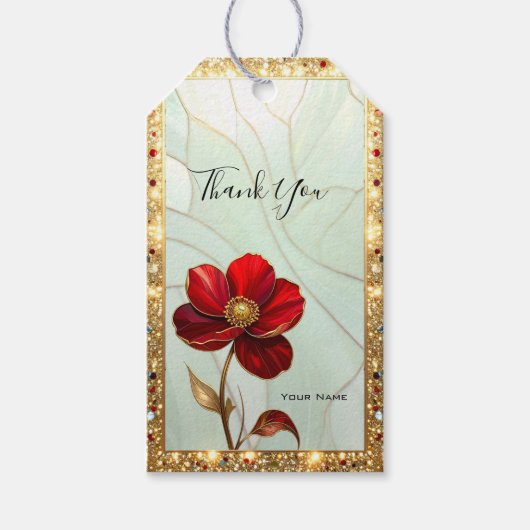 Glas-in-lood Rode Bloem Cadeaubijslage Cadeaulabel (Voorkant)