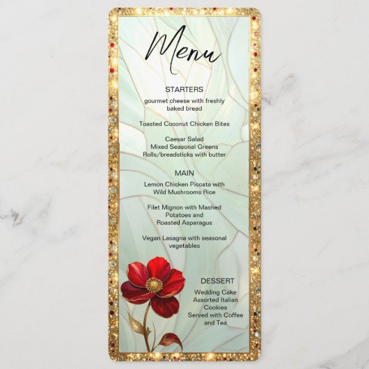 Glas-in-lood rode bloem met gouden accenten menu (Voorkant)