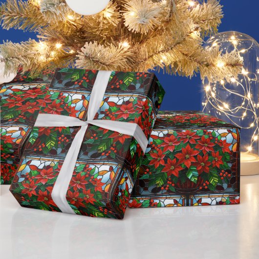 Glas in lood Rode Poinsettia Bloemen en Bessen Cadeaupapier (Feestdagen)