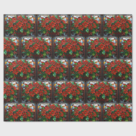 Glas in lood Rode Poinsettia Bloemen en Bessen Cadeaupapier (Vlak)