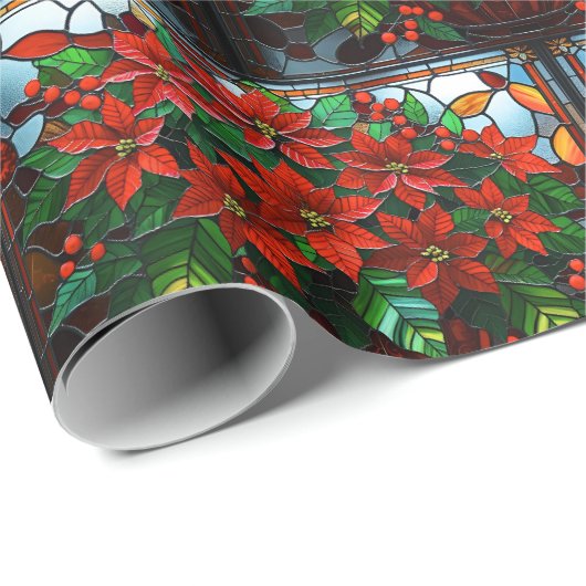 Glas in lood Rode Poinsettia Bloemen en Bessen Cadeaupapier (Rol Hoek)