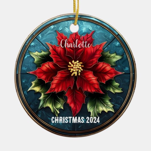 Glas in lood Rode Poinsettia Gepersonaliseerd Orna Keramisch Ornament (Voorkant)