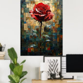 Glas in lood rode roos van elegantie poster (Thuiskantoor)