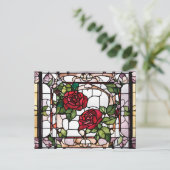Glas in lood Rode Rozen Bloemenmozaïek Briefkaart (Staand voorkant)