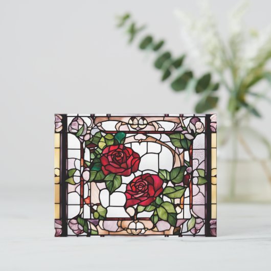Glas in lood Rode Rozen Bloemenmozaïek Briefkaart (Staand voorkant)