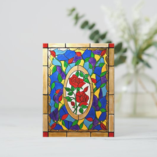 Glas in lood rode rozen briefkaart (Staand voorkant)