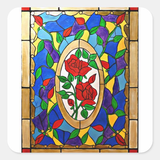 Glas in lood rode rozen vierkante sticker (Voorkant)