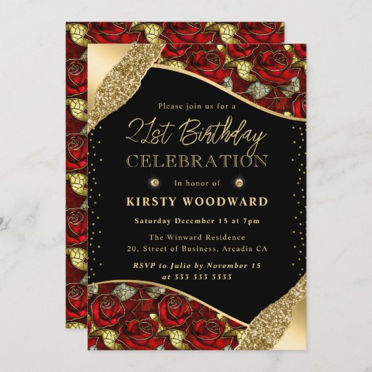 Glas in lood Rood en Goud Rozen 21ste Verjaardag Kaart (Voorkant / Achterkant)