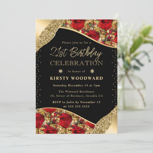 Glas in lood Rood en Goud Rozen 21ste Verjaardag Kaart (Staand voorkant)
