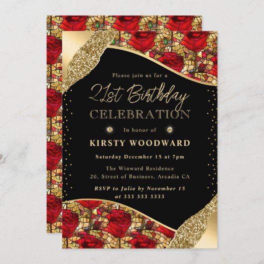 Glas in lood Rood en Goud Rozen 21ste Verjaardag Kaart (Voorkant / Achterkant)